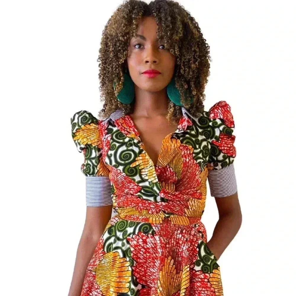 Vibrant Floral Puff-Sleeve Wrap Blouse - Multi